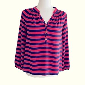 Lilly Pulitzer Pink & Navy Striped LS Blouse Smocked V-Neck, 3-Buttons Size XS